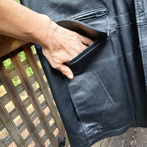Vintage 90's Black Leather Warm Double Lined Car Coat Many Pockets & Details SzL - Picture 4 of 16